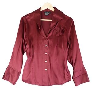 Vintage 90s Top Womens L Red Burgundy Silk Floral Applique Button Up Blouse Y2K
